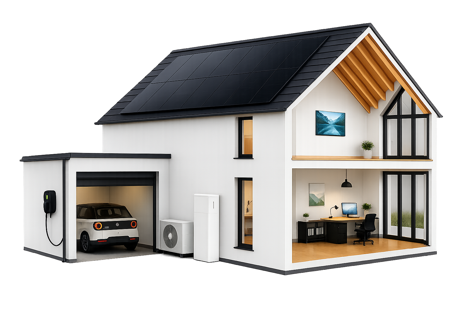 Moderne woning met zonnepanelen, thuisbatterij en laadpaal overdag